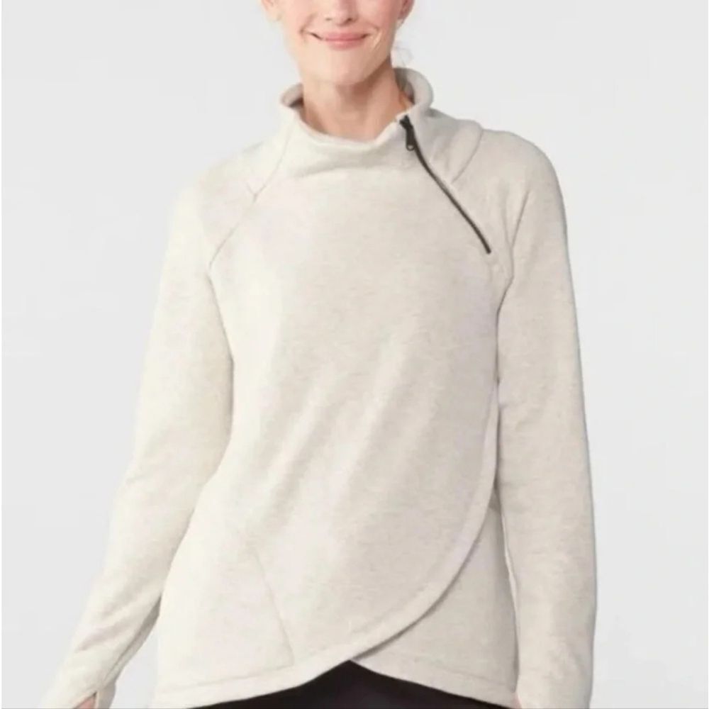 Athleta Cozy Karma Asym Asymmetrical Zip Sweatshirt Sz XSMALL Ivory/Grey - Picture 3 of 12